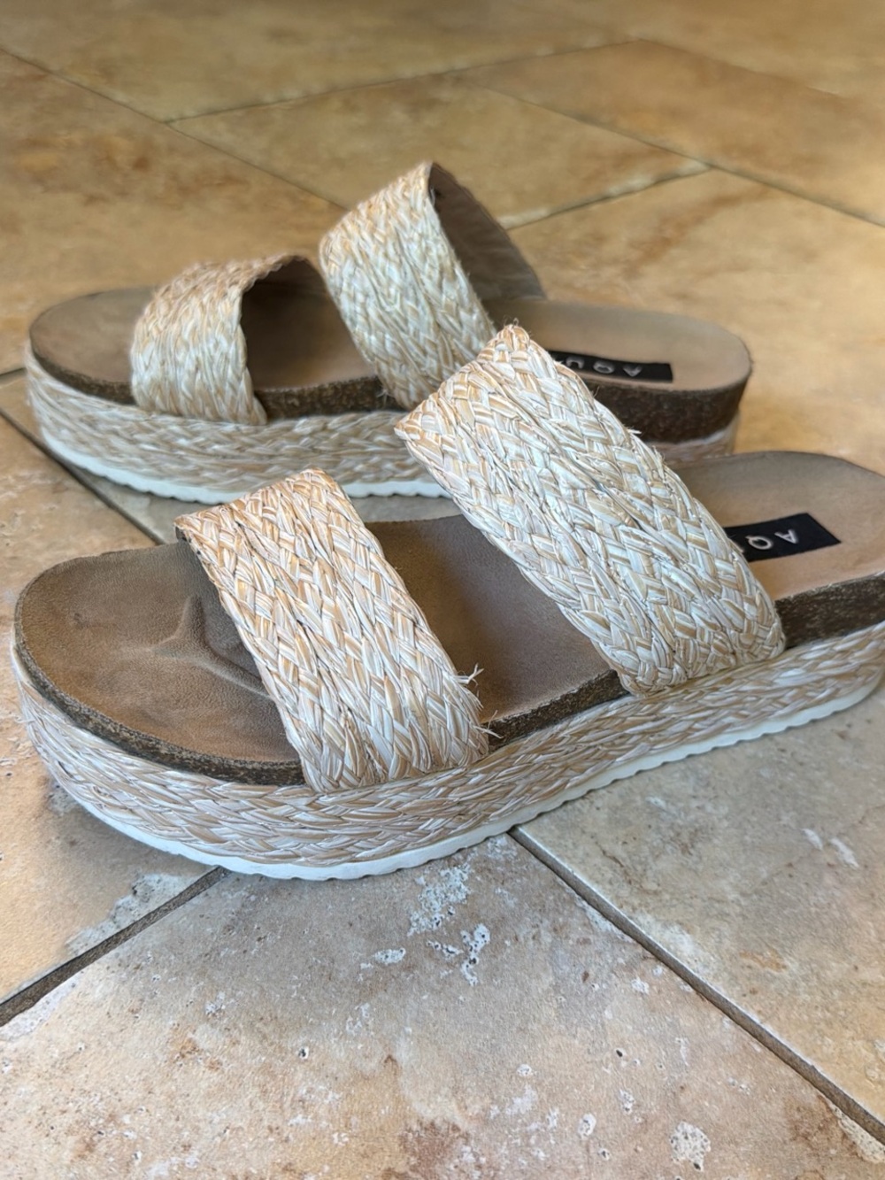 Aqua Raffia Woven Double-Band Slide Platform Sandals - Natural